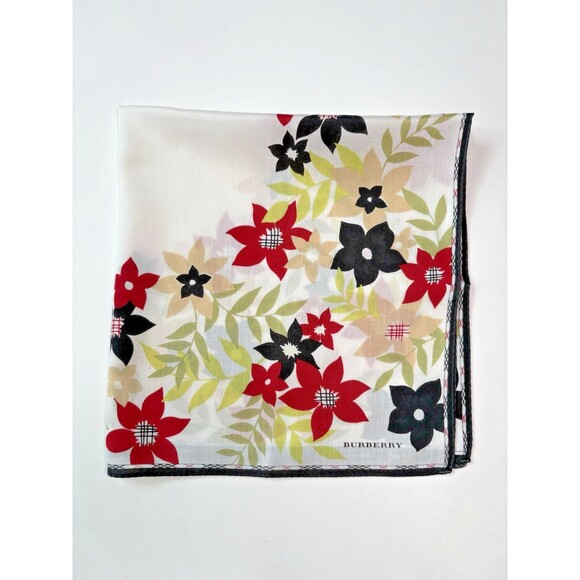Burberry Scarf Plaid Nova Check Pattern w Red Black Flowers Floral Cotton - Picture 1 of 9